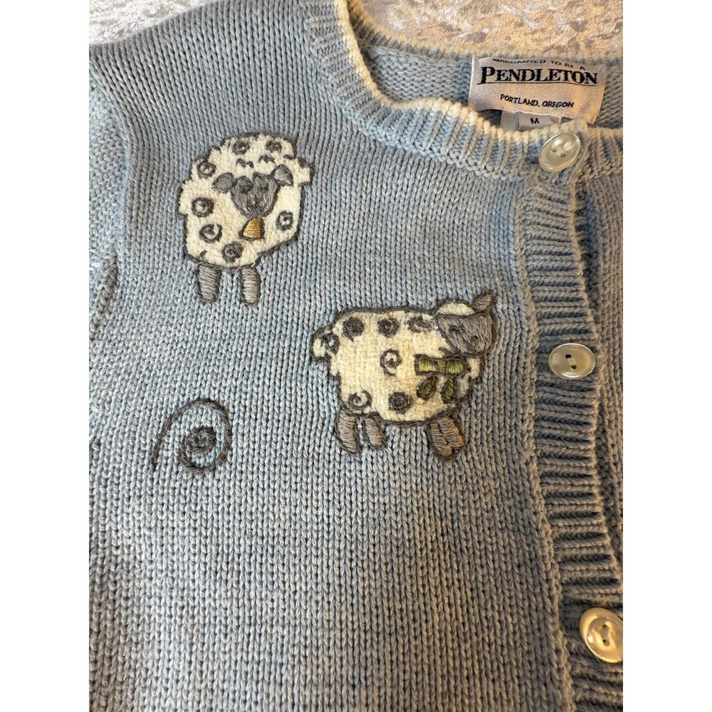 Pendleton Cardigan Women's M Vintage Blue Sheep Embroidered Cotton Cottagecore - Picture 4 of 10